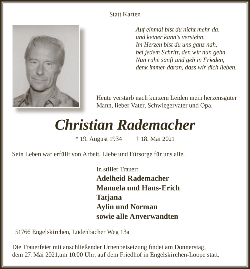  Traueranzeige für Christian Rademacher vom 21.05.2021 aus  Anzeigen Echo 