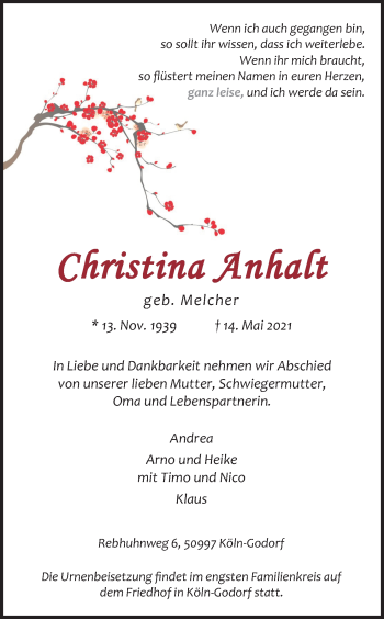 Anzeige von Christina Anhalt von Kölner Stadt-Anzeiger / Kölnische Rundschau / Express