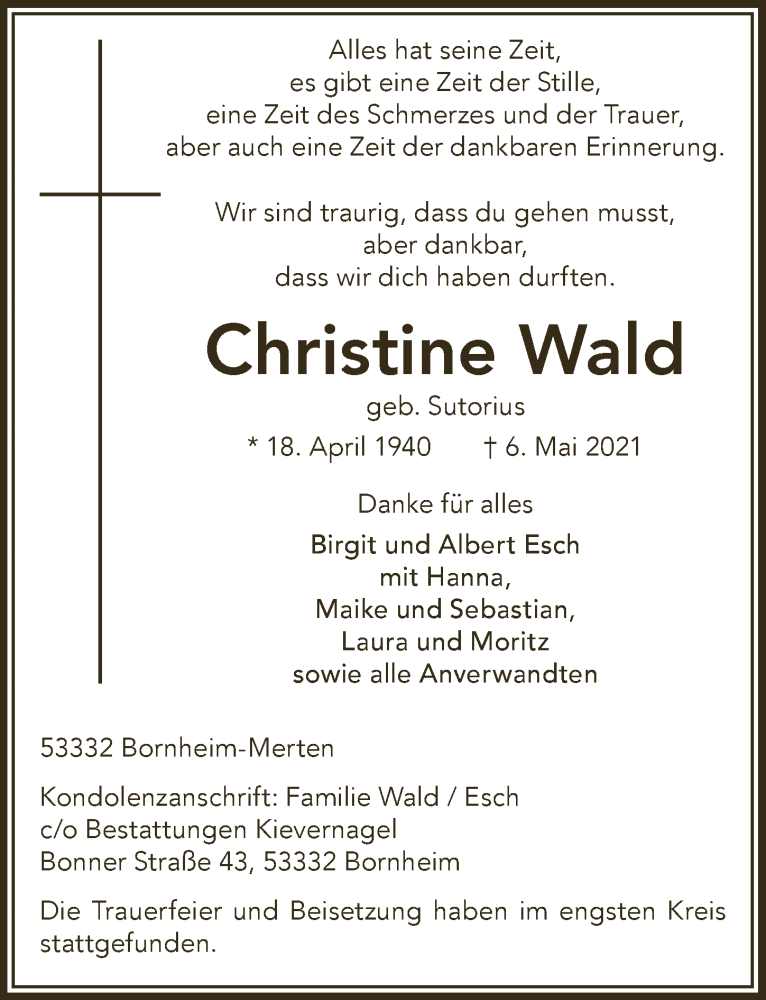  Traueranzeige für Christine Wald vom 14.05.2021 aus  Schlossbote/Werbekurier 