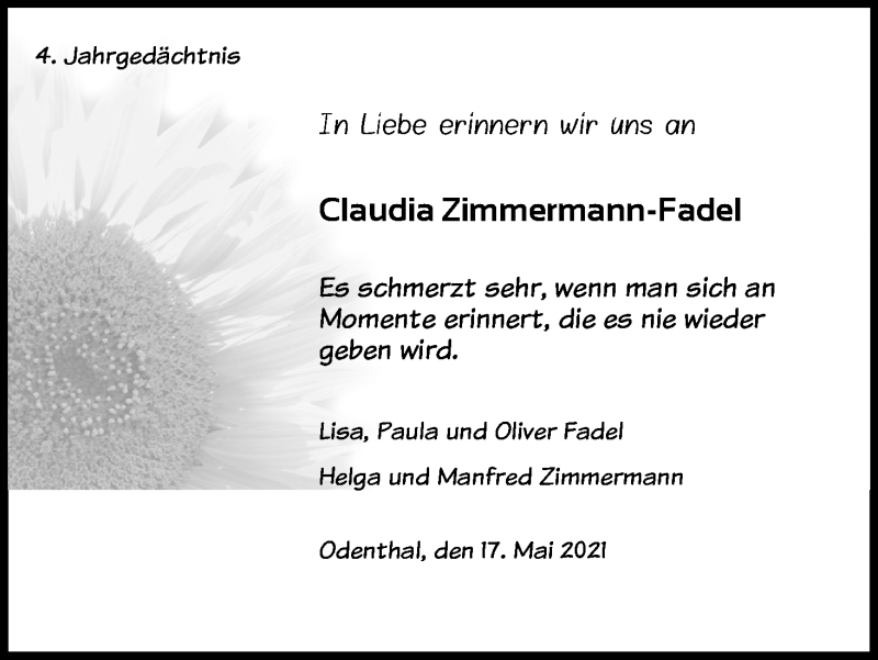 Traueranzeige für Claudia Zimmermann-Fadel vom 18.07.2023 aus Kölner Stadt-Anzeiger / Kölnische Rundschau / Express
