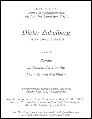 Anzeige von Dieter Zabelberg von Kölner Stadt-Anzeiger / Kölnische Rundschau / Express