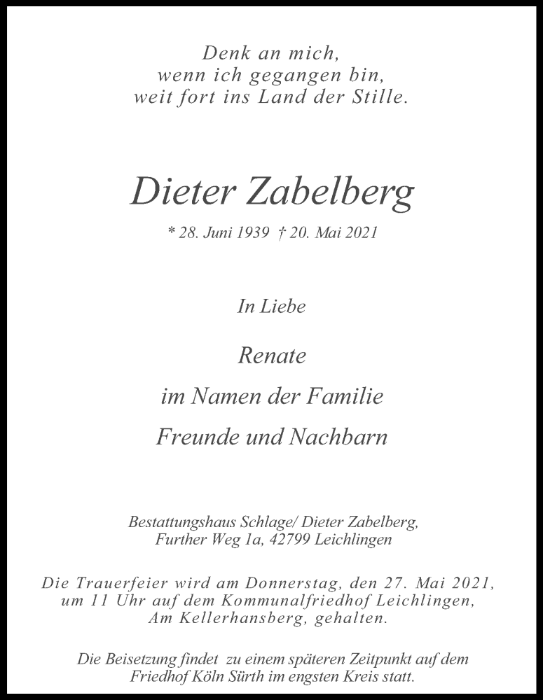  Traueranzeige für Dieter Zabelberg vom 26.05.2021 aus Kölner Stadt-Anzeiger / Kölnische Rundschau / Express