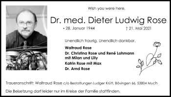 Anzeige von Dieter Ludwig Rose von Kölner Stadt-Anzeiger / Kölnische Rundschau / Express