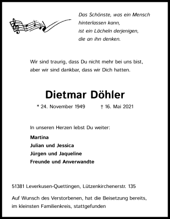 Anzeige von Dietmar Döhler von Kölner Stadt-Anzeiger / Kölnische Rundschau / Express