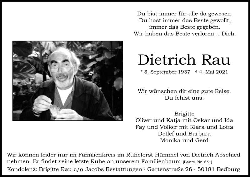  Traueranzeige für Dietrich Rau vom 22.05.2021 aus Kölner Stadt-Anzeiger / Kölnische Rundschau / Express