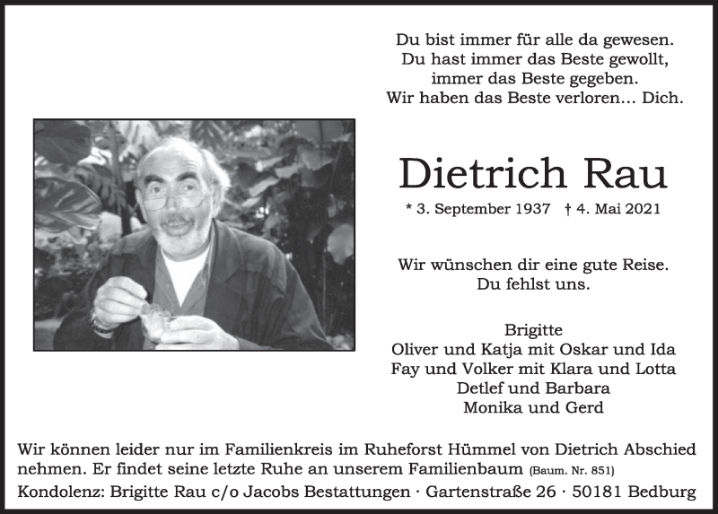  Traueranzeige für Dietrich Rau vom 21.05.2021 aus  Werbepost 