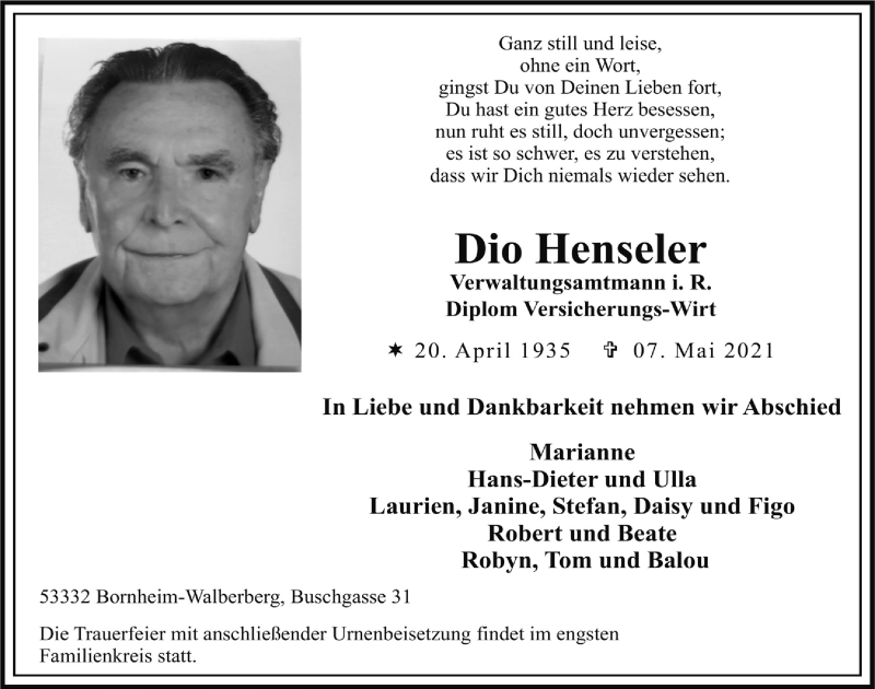  Traueranzeige für Dio Henseler vom 14.05.2021 aus  Schlossbote/Werbekurier 