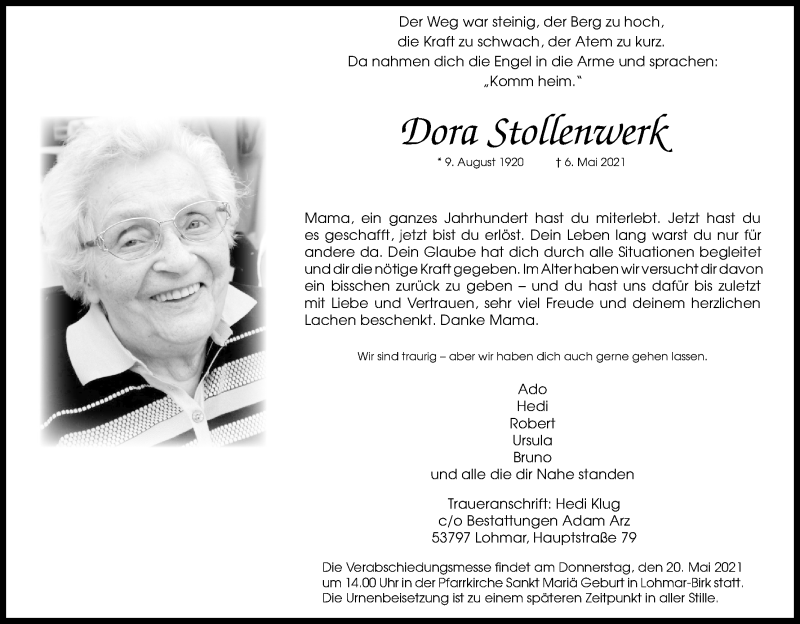  Traueranzeige für Dora Stollenwerk vom 15.05.2021 aus Kölner Stadt-Anzeiger / Kölnische Rundschau / Express