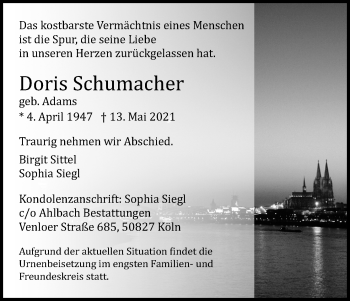 Anzeige von Doris Schumacher von Kölner Stadt-Anzeiger / Kölnische Rundschau / Express