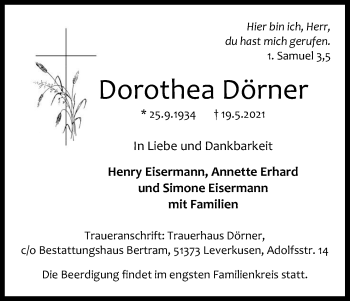 Anzeige von Dorothea Dörner von Kölner Stadt-Anzeiger / Kölnische Rundschau / Express