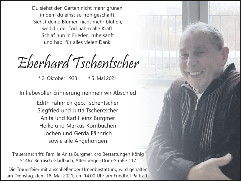  Traueranzeige für Eberhard Tschentscher vom 14.05.2021 aus  Bergisches Handelsblatt 