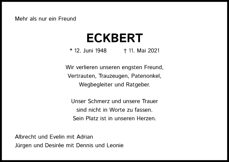  Traueranzeige für Eckbert Köhler vom 22.05.2021 aus Kölner Stadt-Anzeiger / Kölnische Rundschau / Express