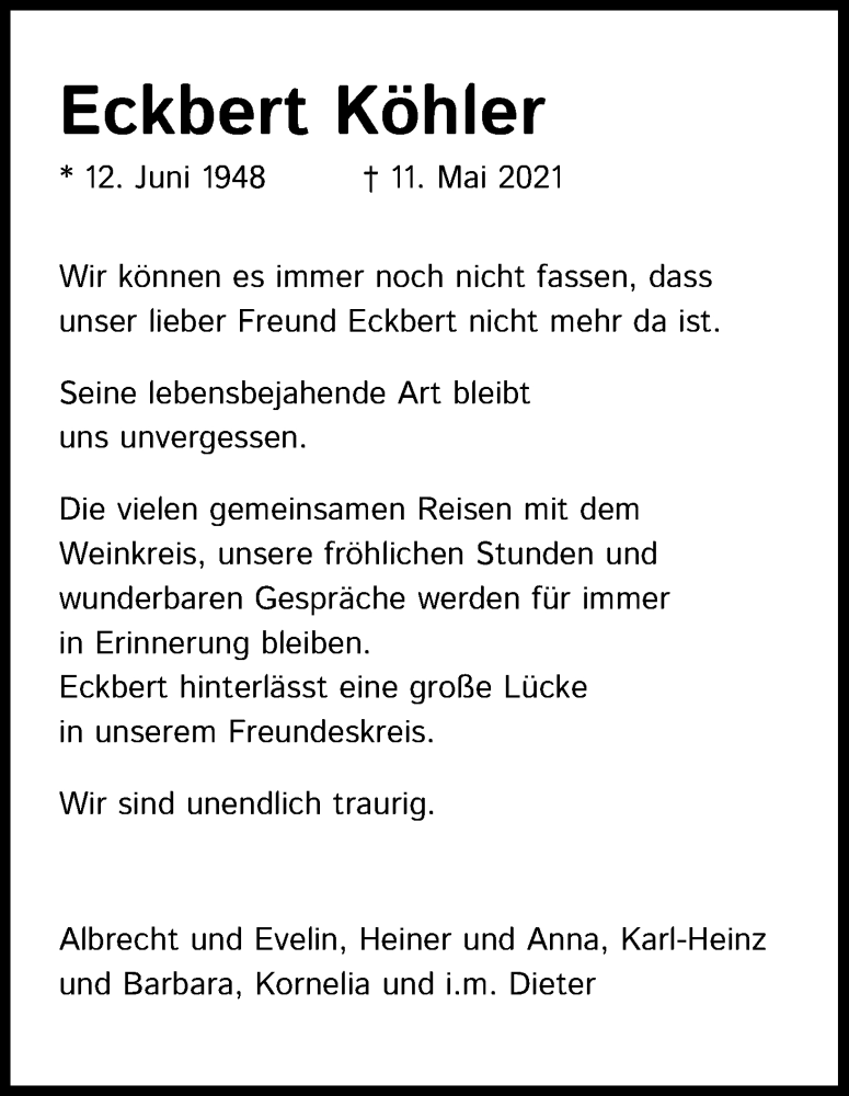  Traueranzeige für Eckbert Köhler vom 22.05.2021 aus Kölner Stadt-Anzeiger / Kölnische Rundschau / Express