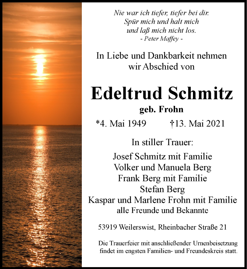  Traueranzeige für Edeltrud Schmitz vom 29.05.2021 aus  Blickpunkt Euskirchen 