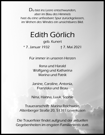 Anzeige von Edith Görlich von Kölner Stadt-Anzeiger / Kölnische Rundschau / Express