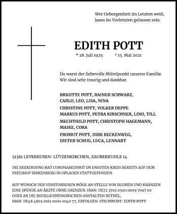 Anzeige von Edith Pott von Kölner Stadt-Anzeiger / Kölnische Rundschau / Express
