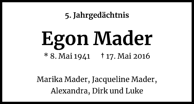  Traueranzeige für Egon Mader vom 17.05.2021 aus Kölner Stadt-Anzeiger / Kölnische Rundschau / Express