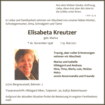 Anzeige von Elisabeta Kreutzer von  Anzeigen Echo 