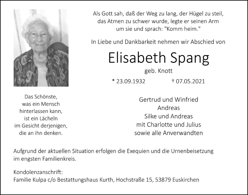  Traueranzeige für Elisabeth Spang vom 15.05.2021 aus  Blickpunkt Euskirchen 