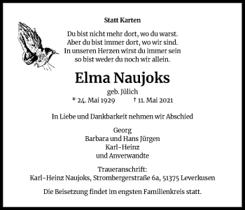 Anzeige von Elma Naujoks von Kölner Stadt-Anzeiger / Kölnische Rundschau / Express