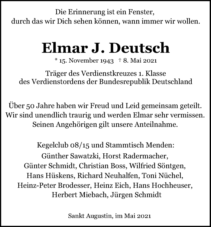  Traueranzeige für Elmar J. Deutsch vom 29.05.2021 aus Kölner Stadt-Anzeiger / Kölnische Rundschau / Express