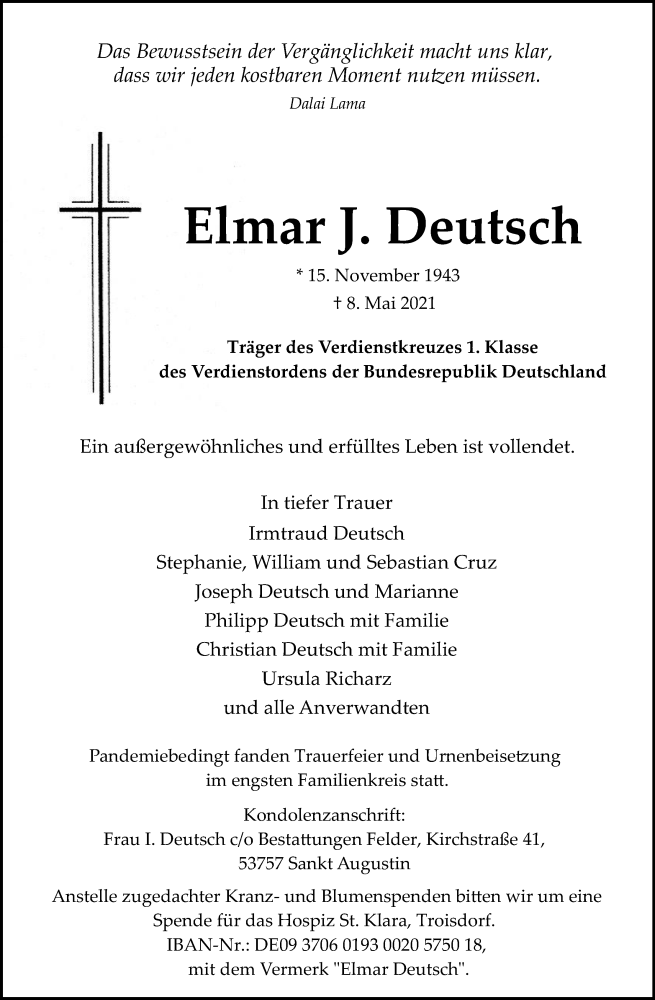  Traueranzeige für Elmar J. Deutsch vom 29.05.2021 aus Kölner Stadt-Anzeiger / Kölnische Rundschau / Express
