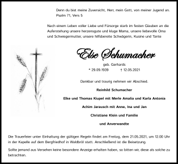 Anzeige von Else Schumacher von Kölner Stadt-Anzeiger / Kölnische Rundschau / Express