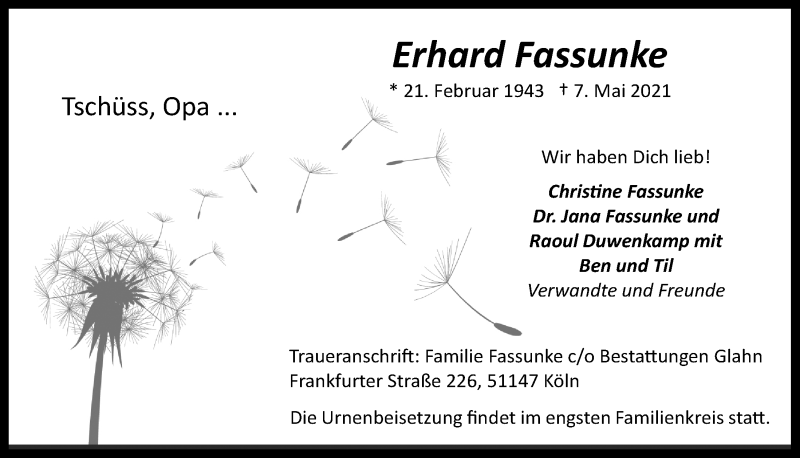  Traueranzeige für Erhard Fassunke vom 14.05.2021 aus  Kölner Wochenspiegel 