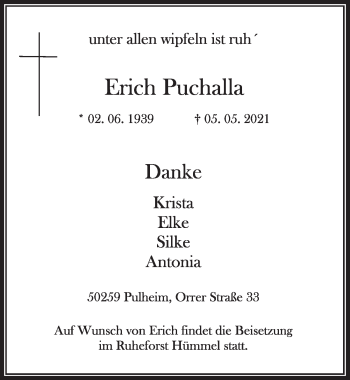 Anzeige von Erich Puchalla von  Wochenende 