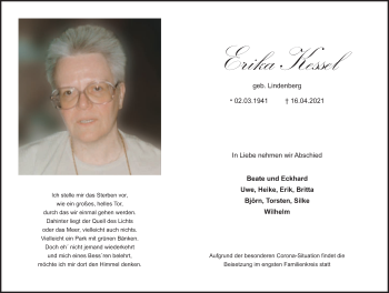 Anzeige von Erika Kessel von Kölner Stadt-Anzeiger / Kölnische Rundschau / Express