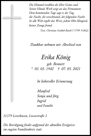 Anzeige von Erika König von Kölner Stadt-Anzeiger / Kölnische Rundschau / Express