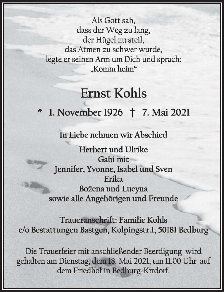  Traueranzeige für Ernst Kohls vom 14.05.2021 aus  Werbepost 