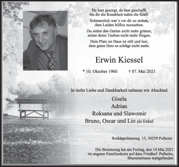 Anzeige von Erwin Kiessel von  Wochenende 