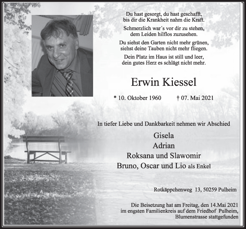  Traueranzeige für Erwin Kiessel vom 14.05.2021 aus  Wochenende 