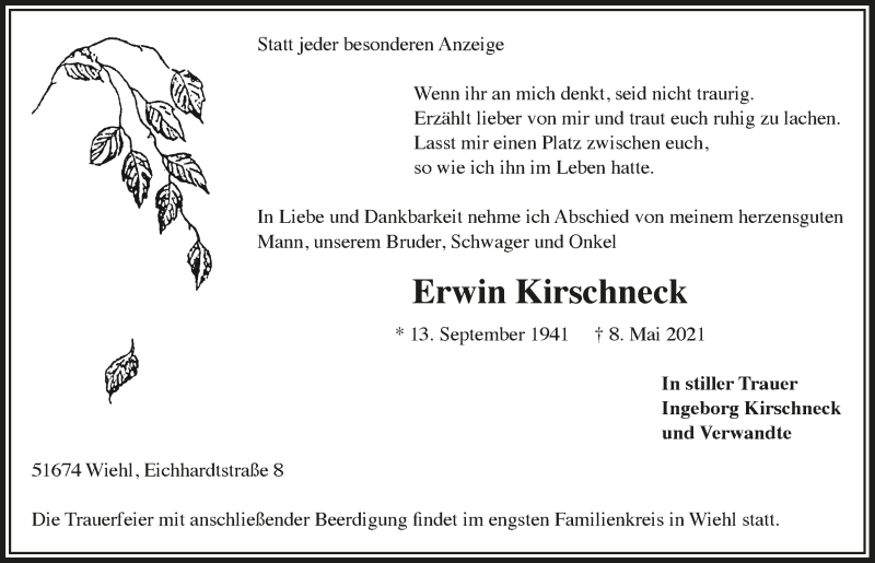  Traueranzeige für Erwin Kirschneck vom 14.05.2021 aus  Anzeigen Echo 