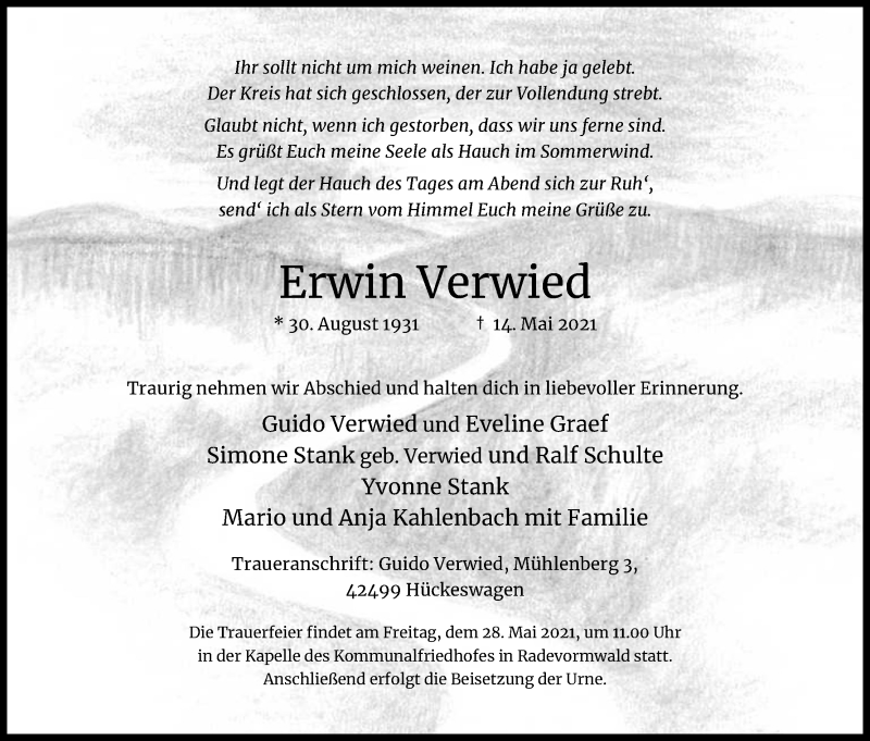  Traueranzeige für Erwin Verwied vom 22.05.2021 aus Kölner Stadt-Anzeiger / Kölnische Rundschau / Express