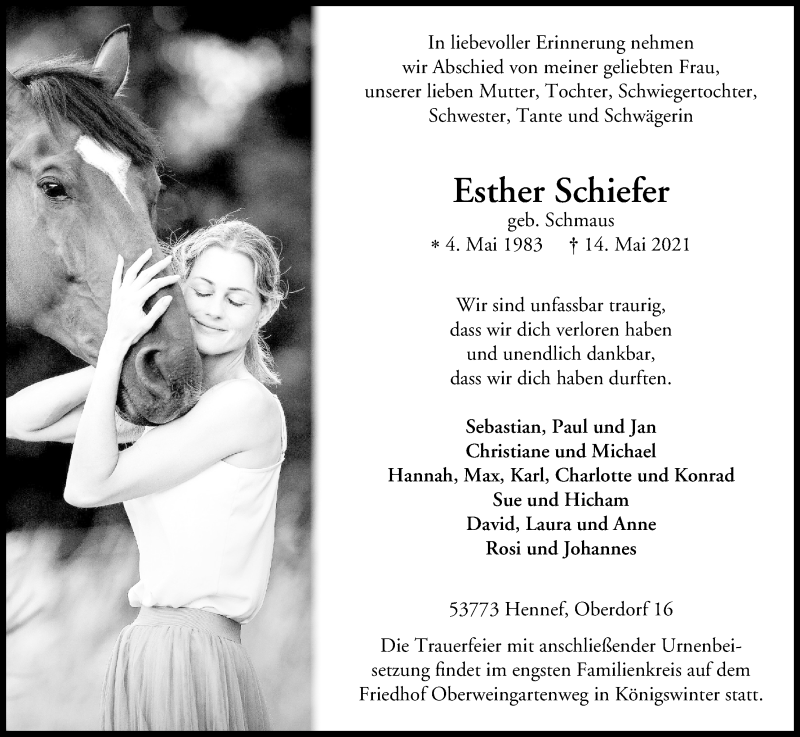  Traueranzeige für Esther Schiefer vom 22.05.2021 aus Kölner Stadt-Anzeiger / Kölnische Rundschau / Express