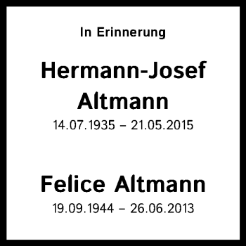 Anzeige von Felice und Hermann-Josef Altmann von Kölner Stadt-Anzeiger / Kölnische Rundschau / Express