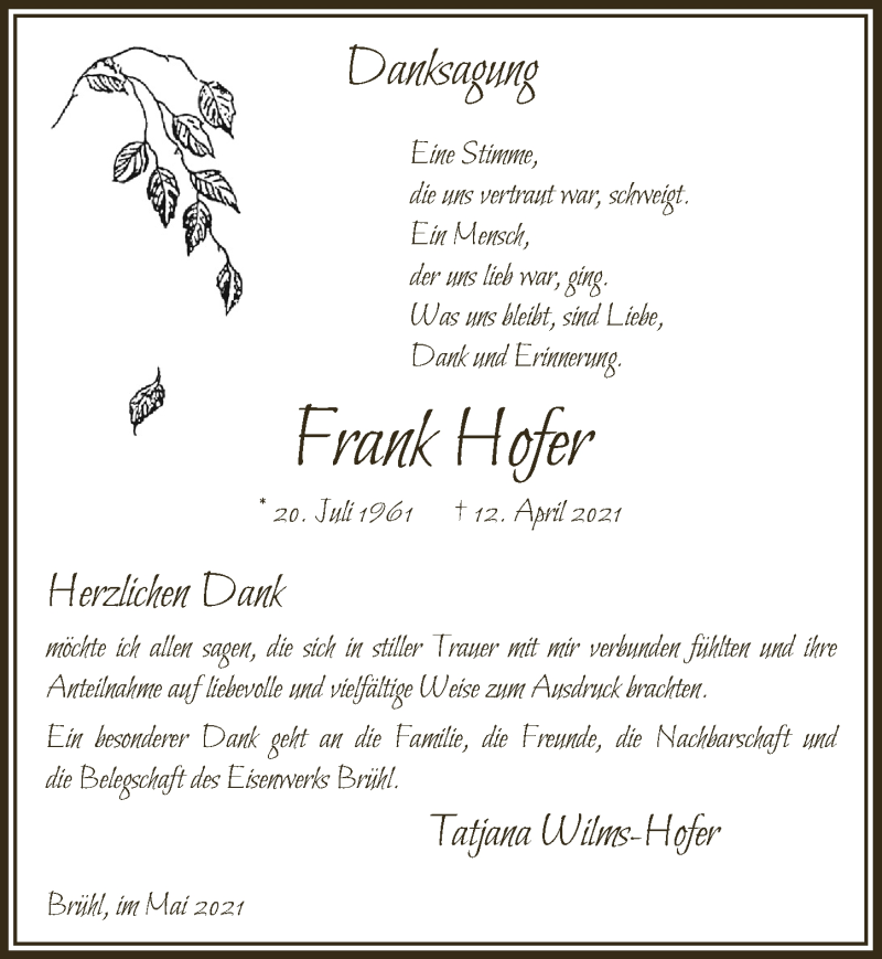  Traueranzeige für Frank Hofer vom 14.05.2021 aus  Schlossbote/Werbekurier 