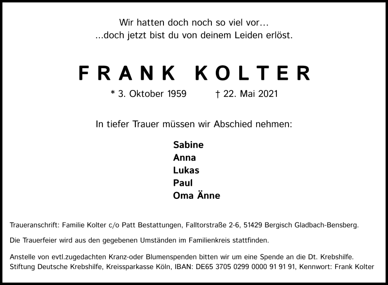  Traueranzeige für Frank Kolter vom 29.05.2021 aus Kölner Stadt-Anzeiger / Kölnische Rundschau / Express