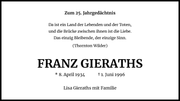 Anzeige von Franz Gieraths von Kölner Stadt-Anzeiger / Kölnische Rundschau / Express