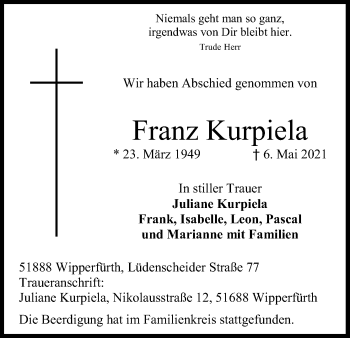 Anzeige von Franz Kurpiela von Kölner Stadt-Anzeiger / Kölnische Rundschau / Express