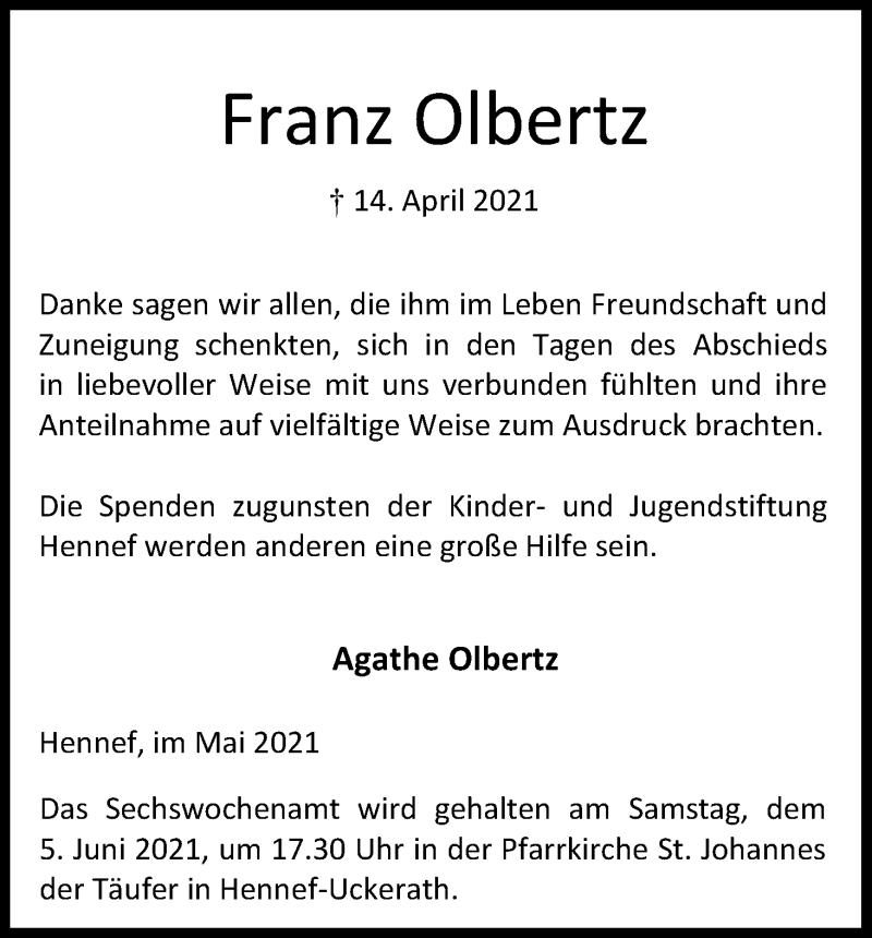 Traueranzeige für Franz Olbertz vom 29.05.2021 aus Kölner Stadt-Anzeiger / Kölnische Rundschau / Express