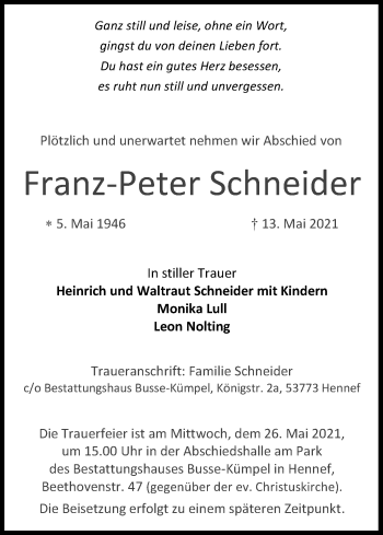 Anzeige von Franz-Peter Schneider von Kölner Stadt-Anzeiger / Kölnische Rundschau / Express