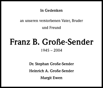 Anzeige von Franz B. Große-Sender von Kölner Stadt-Anzeiger / Kölnische Rundschau / Express