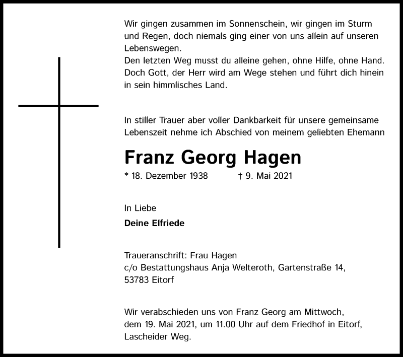  Traueranzeige für Franz Georg Hagen vom 15.05.2021 aus Kölner Stadt-Anzeiger / Kölnische Rundschau / Express