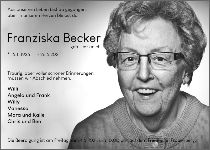  Traueranzeige für Franziska Becker vom 29.05.2021 aus  Blickpunkt Euskirchen 