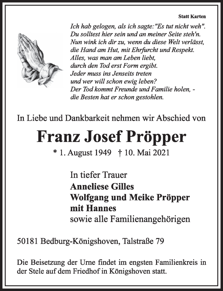  Traueranzeige für Franz Josef Pröpper vom 21.05.2021 aus  Werbepost 