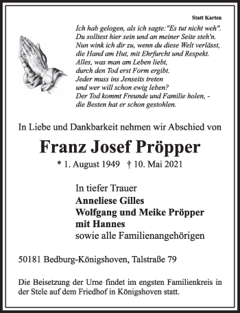 Anzeige von Franz Josef Pröpper von  Werbepost 