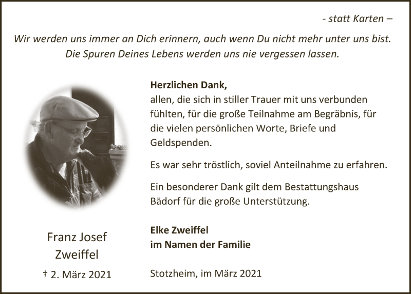  Traueranzeige für Franz Josef Zweiffel vom 20.03.2021 aus  Blickpunkt Euskirchen 